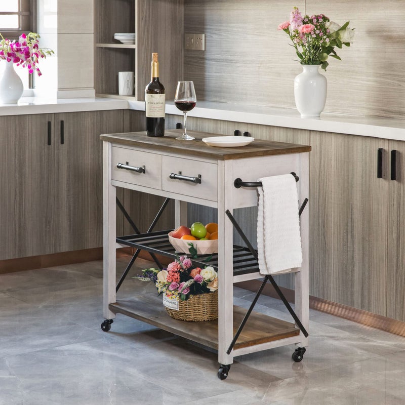 FirsTime  Co OffWhite and Brown Aurora Kitchen Cart Coffee Bar and Microwave Stand Island on Wheels with Storage Wood and Metal Farmhouse 315 inches