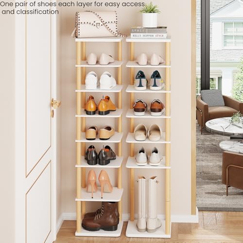LUCKNOCK Vertical Shoe Rack, 8-Tier Tall Narrow Shoe Organizer for Entryway, Closet, Dorm & Small Spaces, Freestanding White Wooden Shoe Shelf Tower for Boots, Sneakers, Heels. - Image 4