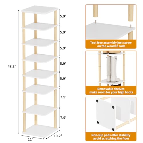 LUCKNOCK Vertical Shoe Rack, 8-Tier Tall Narrow Shoe Organizer for Entryway, Closet, Dorm & Small Spaces, Freestanding White Wooden Shoe Shelf Tower for Boots, Sneakers, Heels. - Image 3