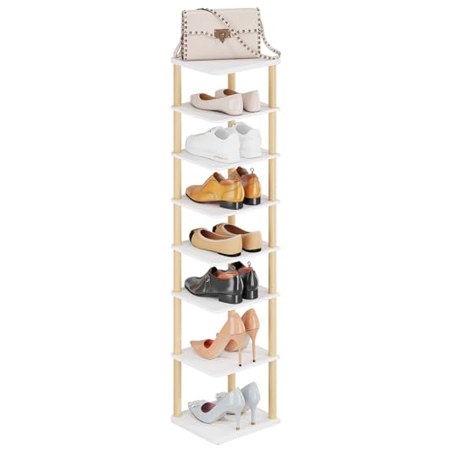 LUCKNOCK Vertical Shoe Rack, 8-Tier Tall Narrow Shoe Organizer for Entryway, Closet, Dorm & Small Spaces, Freestanding White Wooden Shoe Shelf Tower for Boots, Sneakers, Heels. - Image 2