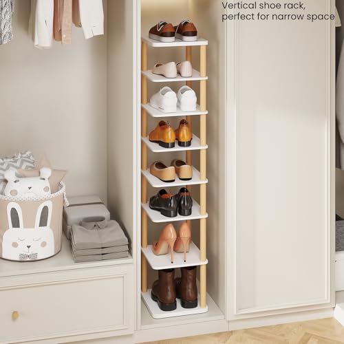 LUCKNOCK Vertical Shoe Rack, 8-Tier Tall Narrow Shoe Organizer for Entryway, Closet, Dorm & Small Spaces, Freestanding White Wooden Shoe Shelf Tower for Boots, Sneakers, Heels. - Image 5