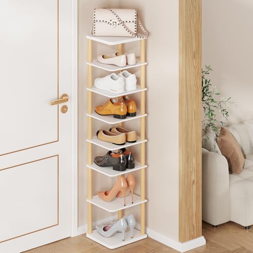 LUCKNOCK Vertical Shoe Rack, 8-Tier Tall Narrow Shoe Organizer for Entryway, Closet, Dorm & Small Spaces, Freestanding White Wooden Shoe Shelf Tower for Boots, Sneakers, Heels. - Image 1