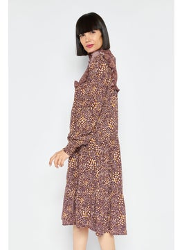 French Connection Women High Neck Long Sleeve Abstract Midi Dress, Brown  - Image 4