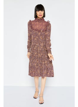 French Connection Women High Neck Long Sleeve Abstract Midi Dress, Brown  - Image 2