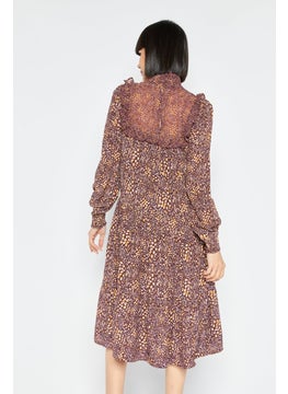 French Connection Women High Neck Long Sleeve Abstract Midi Dress, Brown  - Image 3
