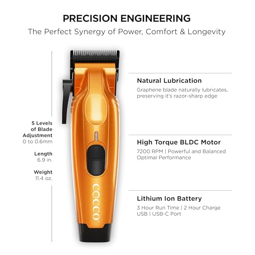 Cocco Hyper Veloce Pro Clipper, Digital Gap Ambassador Graphene Taper Blade Professional Hair Clippers, High-Torque BLDC Motor, All-Metal, Cordless, Charging Station Included, Orange - Image 2