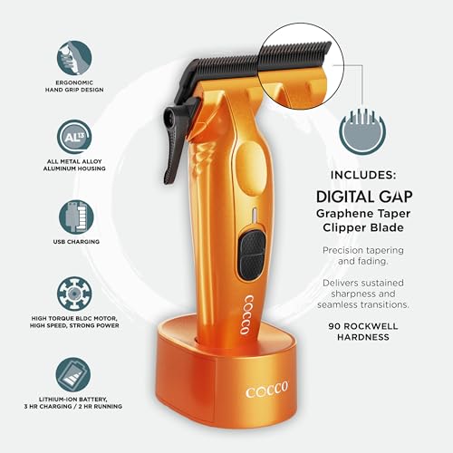 Cocco Hyper Veloce Pro Clipper, Digital Gap Ambassador Graphene Taper Blade Professional Hair Clippers, High-Torque BLDC Motor, All-Metal, Cordless, Charging Station Included, Orange - Image 4
