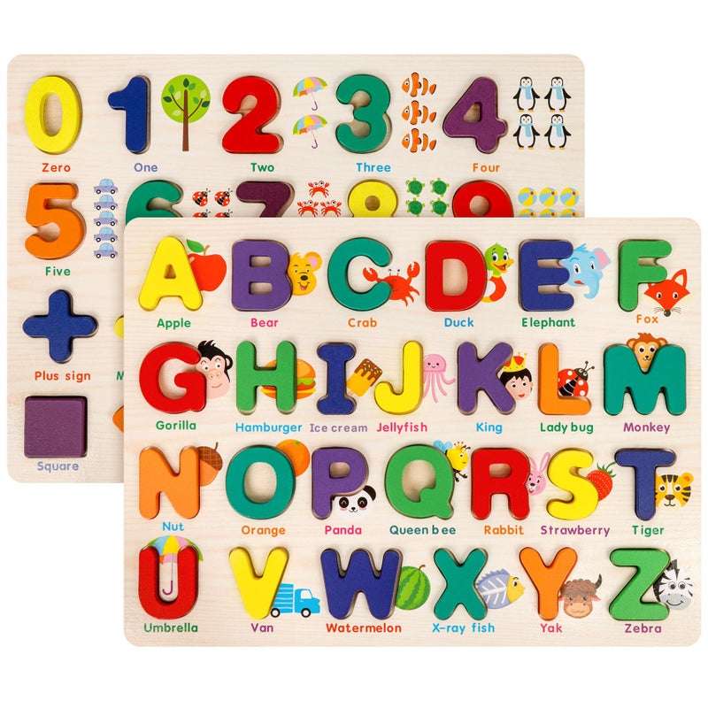 Attmu Wooden Puzzles for Toddlers 2 Pcs Alphabet Puzzle ABC Shape Number Puzzle Patterns Learning Toys for Kids Preschool Educational Activities Toddler Gift Toys for Girls Boys Christmas Easter - Image 3