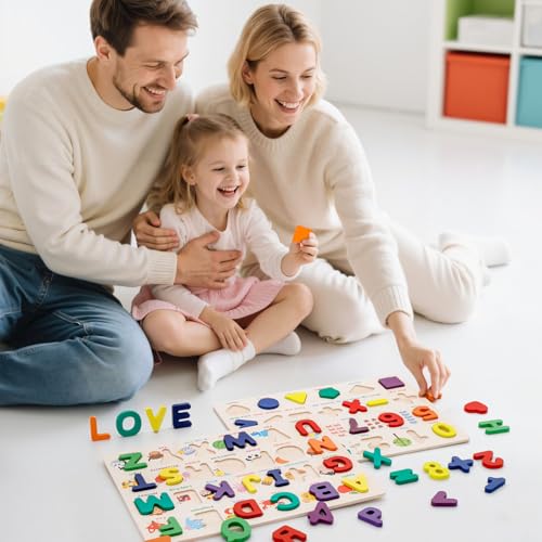 Attmu Wooden Puzzles for Toddlers 2 Pcs Alphabet Puzzle ABC Shape Number Puzzle Patterns Learning Toys for Kids Preschool Educational Activities Toddler Gift Toys for Girls Boys Christmas Easter - Image 5
