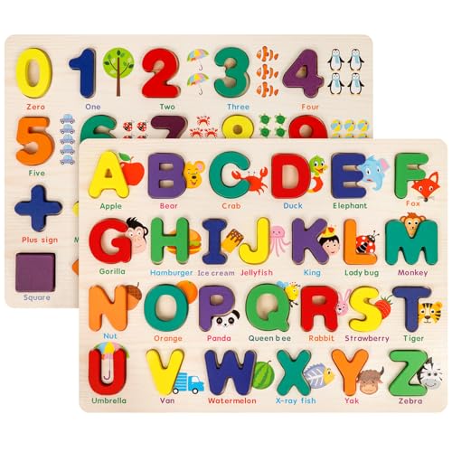 Attmu Wooden Puzzles for Toddlers 2 Pcs Alphabet Puzzle ABC Shape Number Puzzle Patterns Learning Toys for Kids Preschool Educational Activities Toddler Gift Toys for Girls Boys Christmas Easter - Image 1
