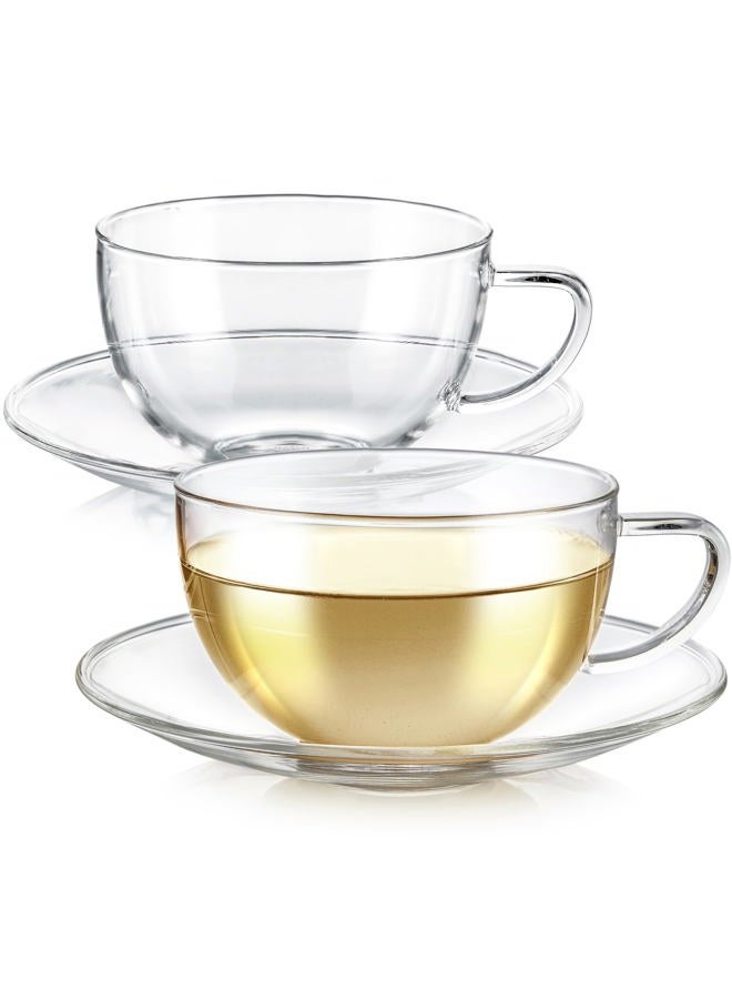 Teabloom Kyoto Teacup and Saucer Set 2-Pack – Large Size – 12 OZ/ 350 ML Capacity – Crystal Clear Design –– Healthful Premium Borosilicate Glass – Heat Resistant, Microwave Safe – Glass Mug Set - Image 1