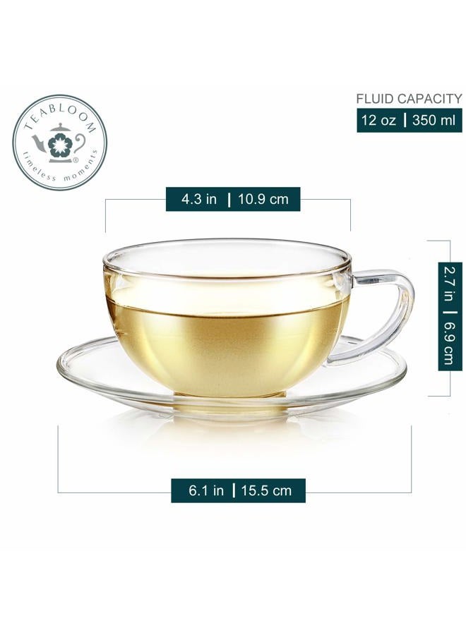 Teabloom Kyoto Teacup and Saucer Set 2-Pack – Large Size – 12 OZ/ 350 ML Capacity – Crystal Clear Design –– Healthful Premium Borosilicate Glass – Heat Resistant, Microwave Safe – Glass Mug Set - Image 2