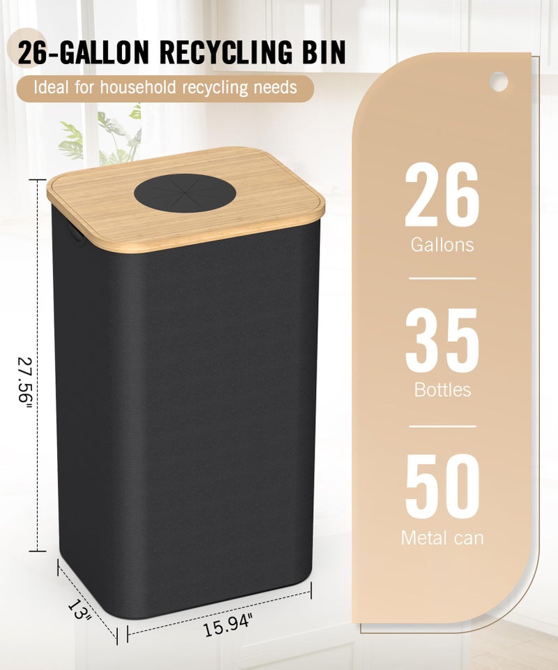 Magicheap Recycling Bins for Kitchen, 26 Gallon (100L) Recycle Bin with Bamboo lid, Indoor Oxford Fabric Recycling Trash Can with 2pcs Removeable and Reusable Inner Bags for Bottle Can Glass Plastice, Black - Image 4