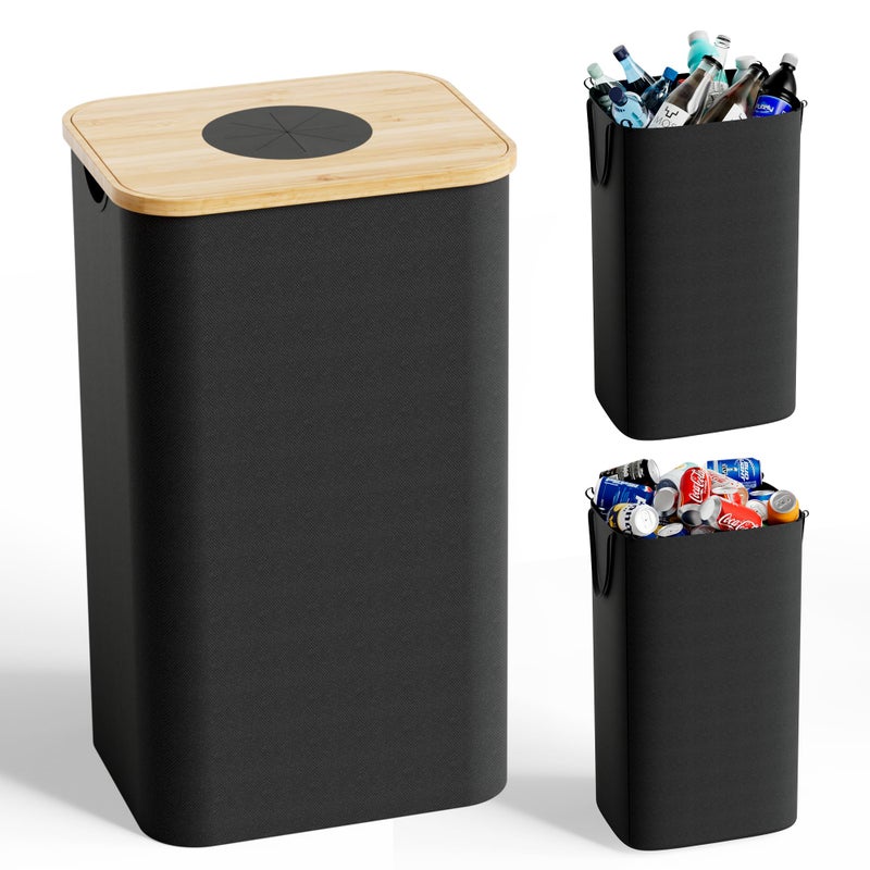 Magicheap Recycling Bins for Kitchen, 26 Gallon (100L) Recycle Bin with Bamboo lid, Indoor Oxford Fabric Recycling Trash Can with 2pcs Removeable and Reusable Inner Bags for Bottle Can Glass Plastice, Black - Image 1