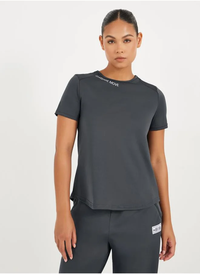 Styli Gymspire Edition - Label Text Print Mesh Insert Short Sleeve Top