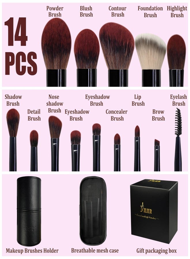 Jilier Travel Makeup Brush Set, 14 pcs Mini Makeup Brushes for Foundation, Powder, Eyeshadow, Highlight, Contour, Blush & Concealer, Small Makeup Brush Set Purse Size with Case (Black) - Image 2