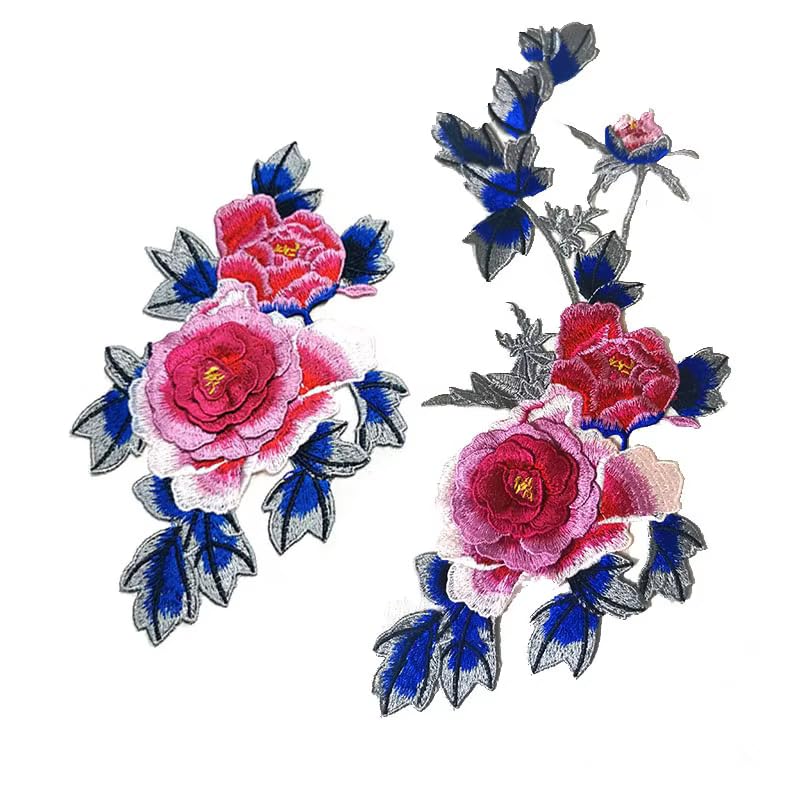 FJTANG 2pcs Beautiful Flowers Embroidered Sewing Applique Patches (Bright Pink C) - Image 1