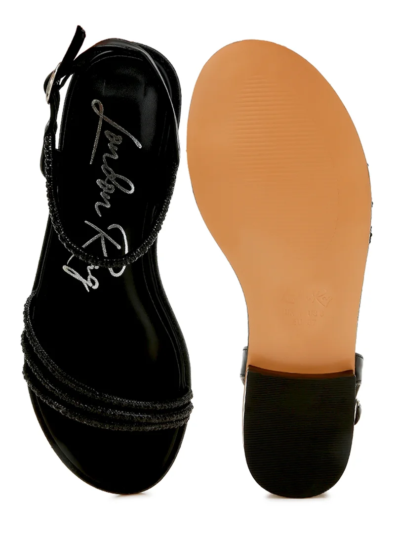 London Rag Rhinestone Pearl Detail Flat Sandals in Black