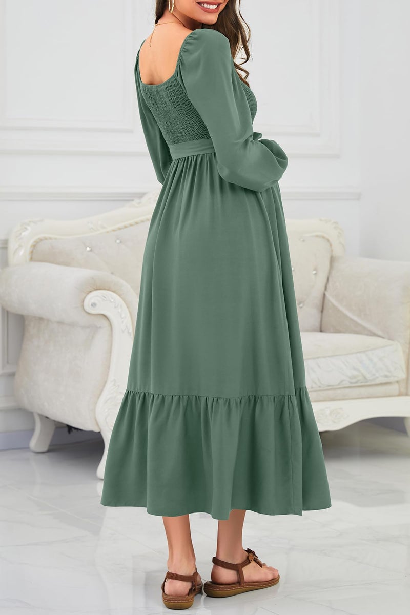Talisea Maternity Dress for Baby Shower 2025 Fall Spring Easter Pregnancy Photoshoot Green Smocked Long Sleeves Wedding Guest Dress - Image 4