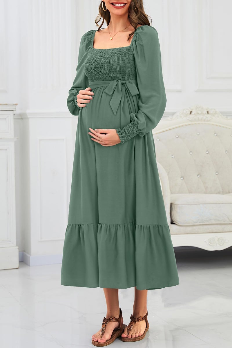 Talisea Maternity Dress for Baby Shower 2025 Fall Spring Easter Pregnancy Photoshoot Green Smocked Long Sleeves Wedding Guest Dress - Image 3