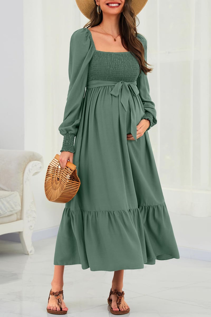 Talisea Maternity Dress for Baby Shower 2025 Fall Spring Easter Pregnancy Photoshoot Green Smocked Long Sleeves Wedding Guest Dress - Image 5