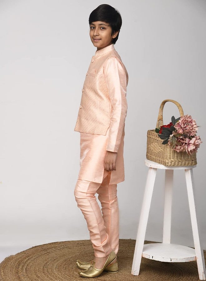 LILPICKS Boys Kurta Pyjama Set with Embossed Nehru Jacket (Peach) (Size: 11-12Y) - Image 3