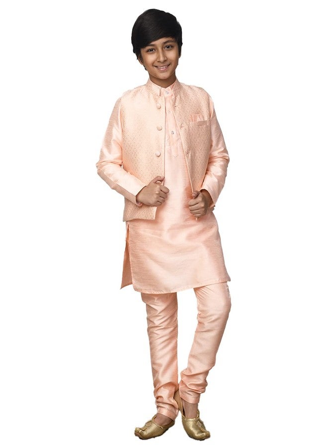 LILPICKS Boys Kurta Pyjama Set with Embossed Nehru Jacket (Peach) (Size: 11-12Y) - Image 1