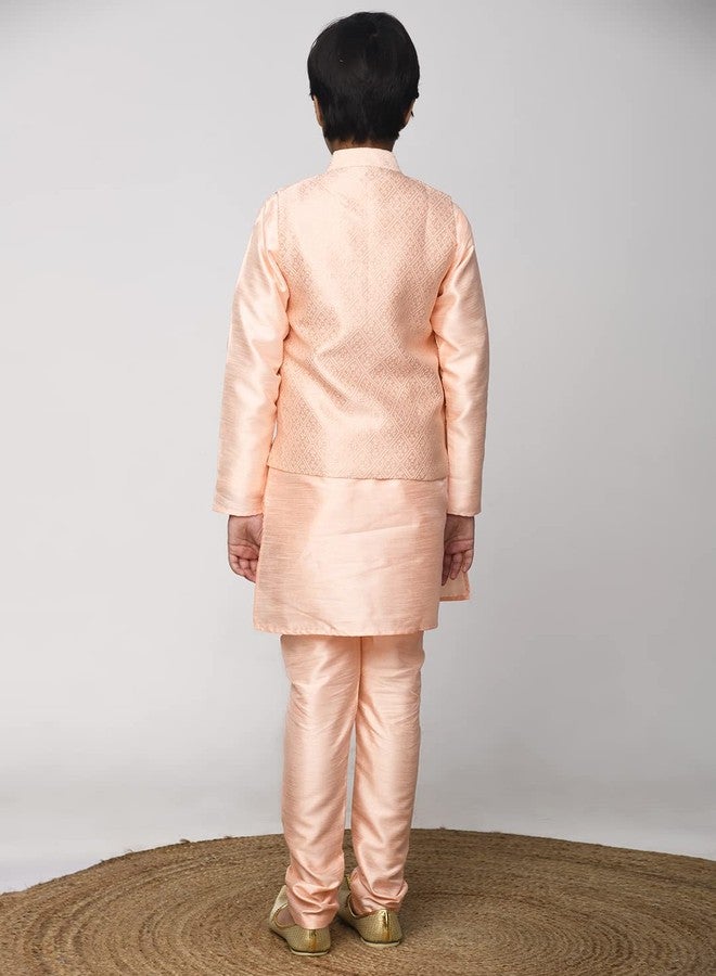 LILPICKS Boys Kurta Pyjama Set with Embossed Nehru Jacket (Peach) (Size: 11-12Y) - Image 4