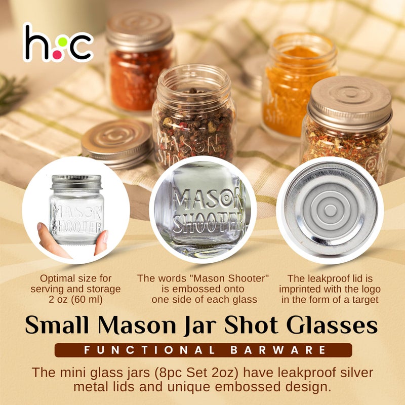 Hayley Cherie Small Mason Jar Shot Glasses with Lids (8 Pack) Tiny 2 oz Glass Jars with Lids, Ginger & Wellness Mini Shot Bottles, Juice, Tequila, Alcohol, Moonshine Shooter Set, Unique Christmas Gift, Bulk, Cute - Image 2