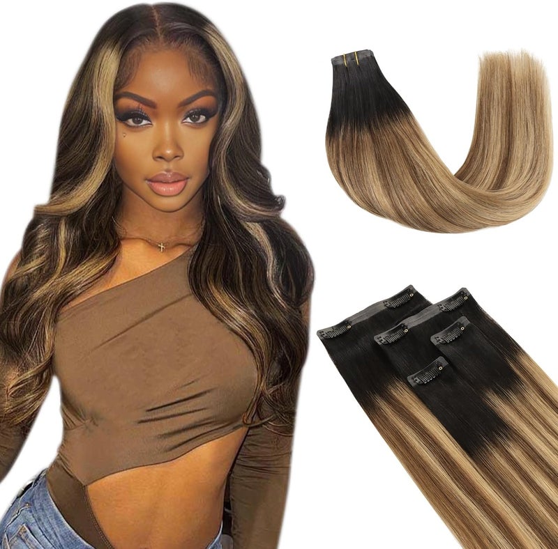 Lashey Ombre Balayage Ash Brown Highlighted Honey Blonde Hair Extensions with Natural Black Dark Roots 4pcs 37g Seamless Clip in Hair Extensions Human Hair 14 Inch Straight Clip in Hair Extensions
