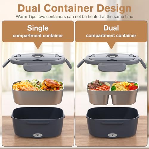 Vabaso Electric Lunch Box for Adults, 80W Heated Lunch Box with Dual 1.5L Stainless Steel Containers, Portable Food Warmer for Men Work Car Truck, 12V/24V/110V/220V - Eternal Gray - Image 2