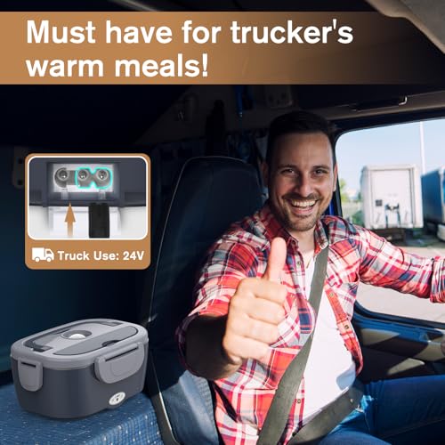 Vabaso Electric Lunch Box for Adults, 80W Heated Lunch Box with Dual 1.5L Stainless Steel Containers, Portable Food Warmer for Men Work Car Truck, 12V/24V/110V/220V - Eternal Gray - Image 5