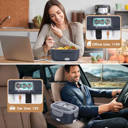 Vabaso Electric Lunch Box for Adults, 80W Heated Lunch Box with Dual 1.5L Stainless Steel Containers, Portable Food Warmer for Men Work Car Truck, 12V/24V/110V/220V - Eternal Gray - Image 4