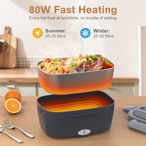 Vabaso Electric Lunch Box for Adults, 80W Heated Lunch Box with Dual 1.5L Stainless Steel Containers, Portable Food Warmer for Men Work Car Truck, 12V/24V/110V/220V - Eternal Gray - Image 3