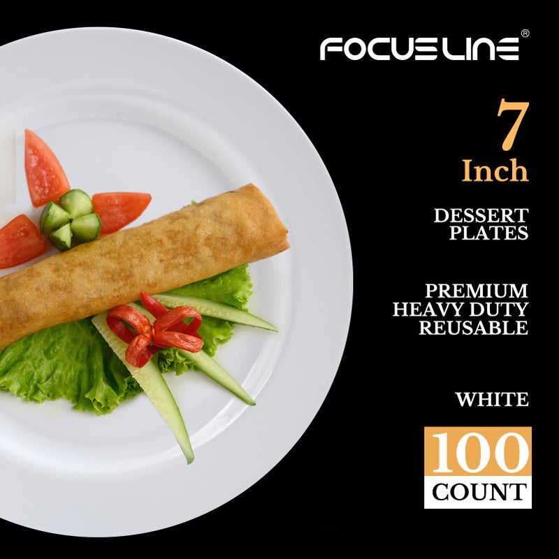 FOCUSLINE 100 Count White Plastic Dessert Plates 7 Inch, Disposable Heavy Duty Plastic Plates for Weddings, Parties and Events - Image 2