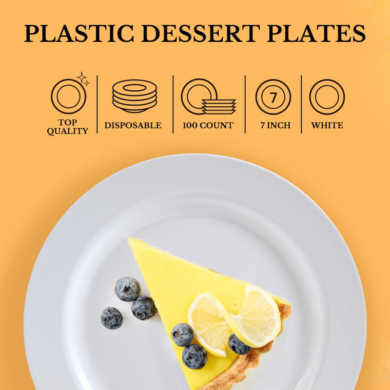 FOCUSLINE 100 Count White Plastic Dessert Plates 7 Inch, Disposable Heavy Duty Plastic Plates for Weddings, Parties and Events - Image 4