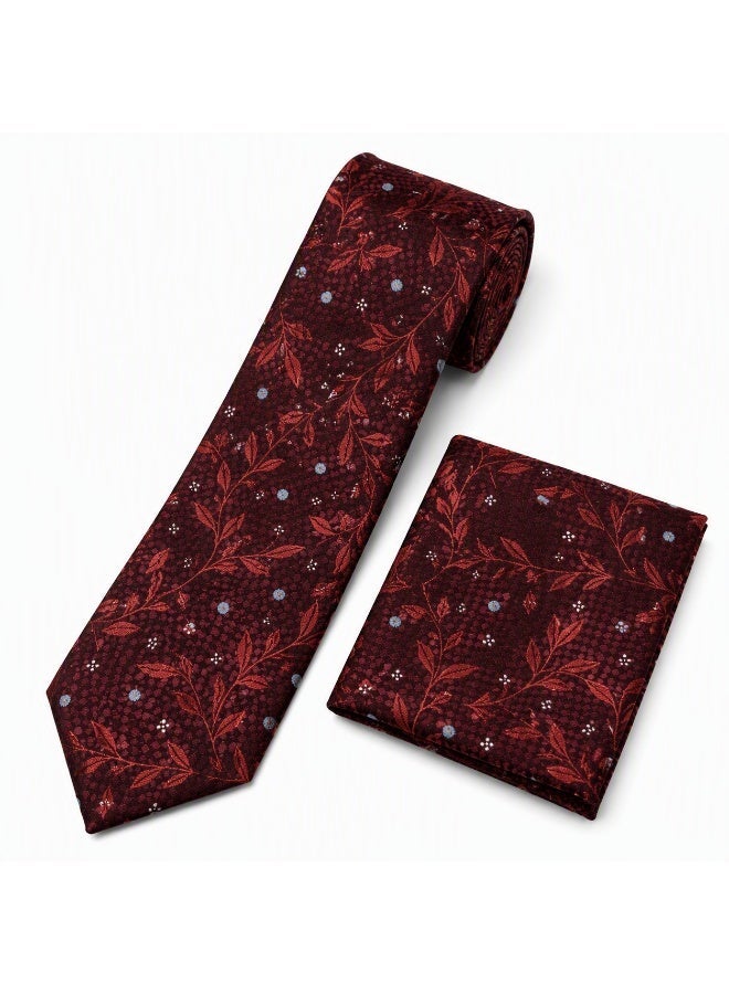 Men’s Burgundy Floral Necktie with Matching Pocket Square – 2-Piece Formal Set - Image 3