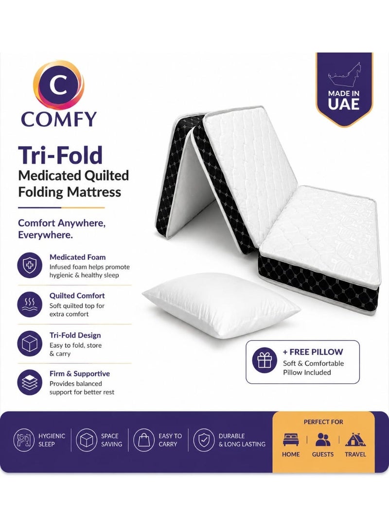 Comfy Portable White Satin Folding Premium Mattress With Black Border + 1 Pillow 180x90x7 Cm - Image 1