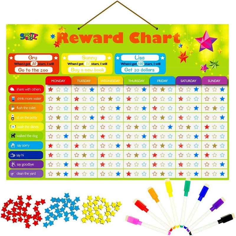 SpriteGru Magnetic Reward Behavior Star Chore Chart for One or Multiple Kids, Includes 8 Markers + 60 Foam Backing Illustrated Chores + 300 Stars in Red, Yellow, Blue. X- Large 17X12 inch. Hanging Loop READY! - Image 1