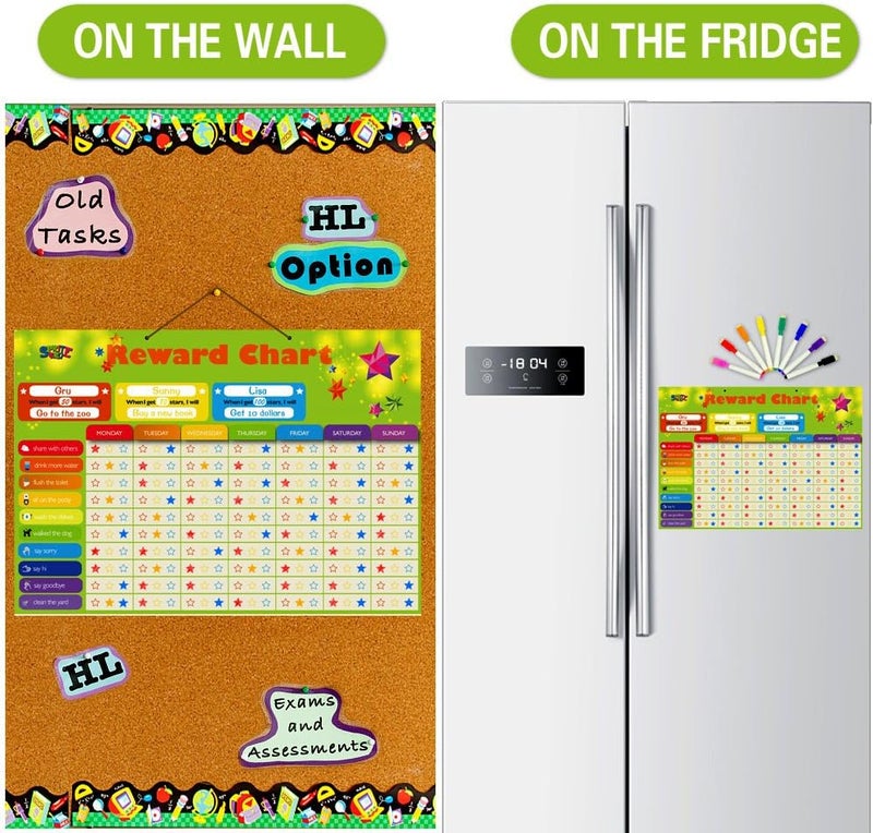 SpriteGru Magnetic Reward Behavior Star Chore Chart for One or Multiple Kids, Includes 8 Markers + 60 Foam Backing Illustrated Chores + 300 Stars in Red, Yellow, Blue. X- Large 17X12 inch. Hanging Loop READY! - Image 4