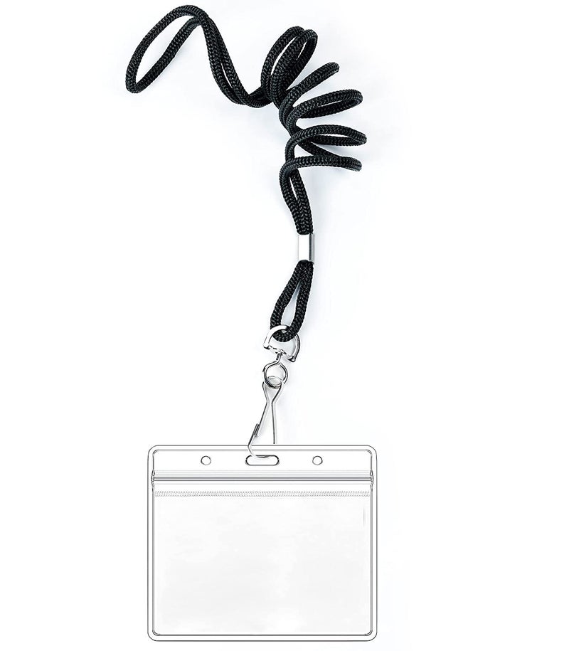 50 Clear Plastic Horizontal Name Tags Badge ID Card Holders and 50 Black Lanyards with Swivel Hook