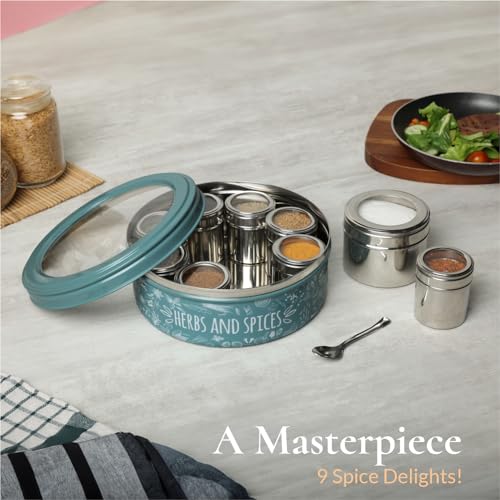 dudki 9 In 1 Herbs & Spice | Stainless Steel Handcrafted Spice Box | Spice Box For Kitchen | See Through Lid 9 Containers And Spoons | Moss- Green (2.5 Ltr | X-Large | 22.5Cm), Blue-Green - Image 3