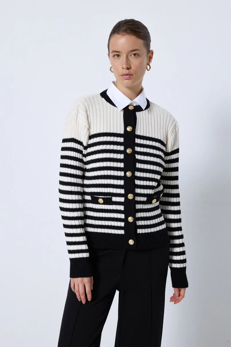 Touche Striped Knitted Cardigan with Pocket Details