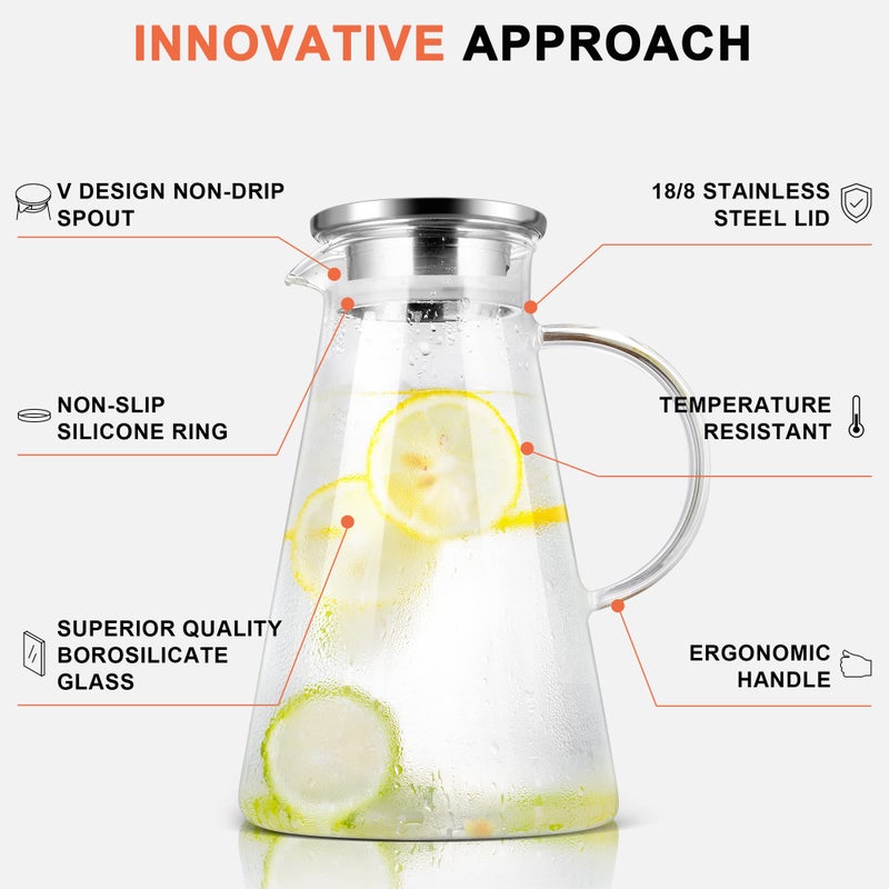 SUSTEAS 2.0 Liter 68oz Glass Pitcher with Lid, Easy Clean Heat Resistant Glass Water Carafe with Handle for Hot/Cold Beverages - Water, Cold Brew, Iced Tea & Juice, With 1 Long-Handled Brush Included - Image 3