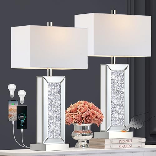 PARTPHONER Modern Table Lamp Set of 2 Touch Control, Silver Mirror Big Diamond Crystal Bedside Lamp with USB C+A Ports, 3-Way Dimmable Mirrored Nightstand Lamps White Fabric Shade for Living Room Bedroom - Image 1