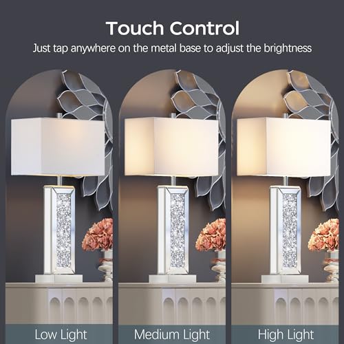PARTPHONER Modern Table Lamp Set of 2 Touch Control, Silver Mirror Big Diamond Crystal Bedside Lamp with USB C+A Ports, 3-Way Dimmable Mirrored Nightstand Lamps White Fabric Shade for Living Room Bedroom - Image 2