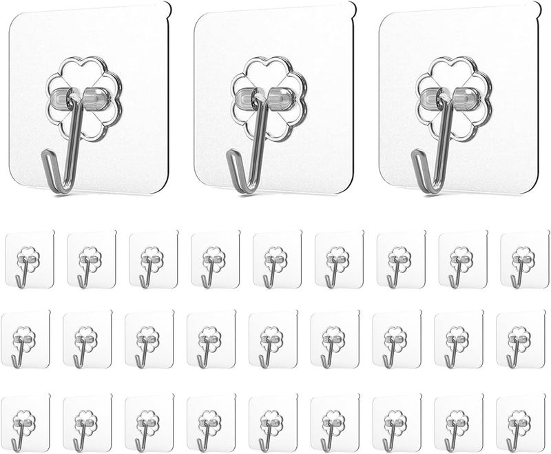 AZARIA 30 Pcs Hooks for Wall Heavy Items – Self Adhesive Wall Hooks, Wall Hooks for Hanging Strong 5kg, Wall Hook Sticker Heavy Duty, Nail Free Sticky Hangers with Stainless Hooks Reusable (30 Pcs) - Image 1