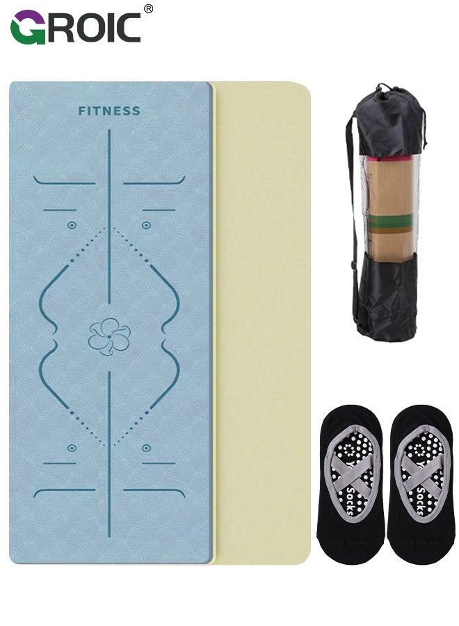 GROIC 3Pcs Yoga Mat Set, 183x61CM Blue Non-Slip Exercise Mat with Mesh Carry Bag and Black Yoga Socks, Fitness Mat for Yoga Pilates Floor Workouts Stretching, Portable and Lightweight for Studio or Home Use - Image 1