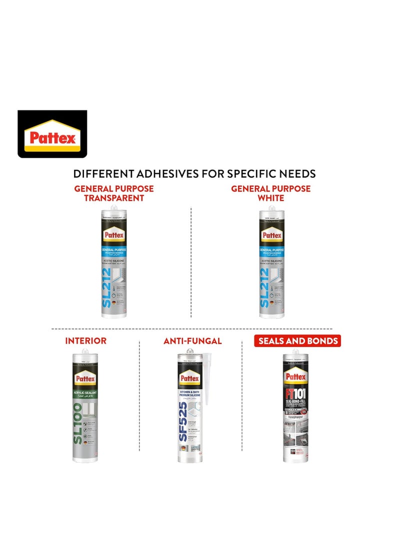 Pattex Seal-Bond-Fill Silicone Sealant Construction Adhesive 280 ml, Transparent  - Image 2