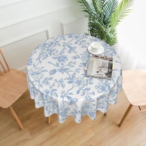 GOLIANDA Baby Blue Floral Round Tablecloth 70 Inch Chinoiserie Flower Toile Blue Table Cloth Vintage Polyester Farmhouse Round Floral Table Cover for Party Dining Picnic Kitchen Decor Indoor Outdoor - Image 3